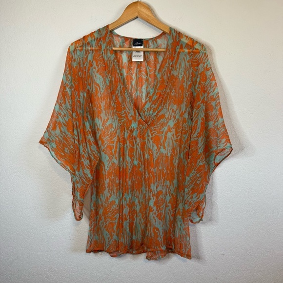 Jet Set 100% Silk Blue Orange V Neck Sheer Dramatic Sleeve Cover Up Top Boho SML - Picture 1 of 11
